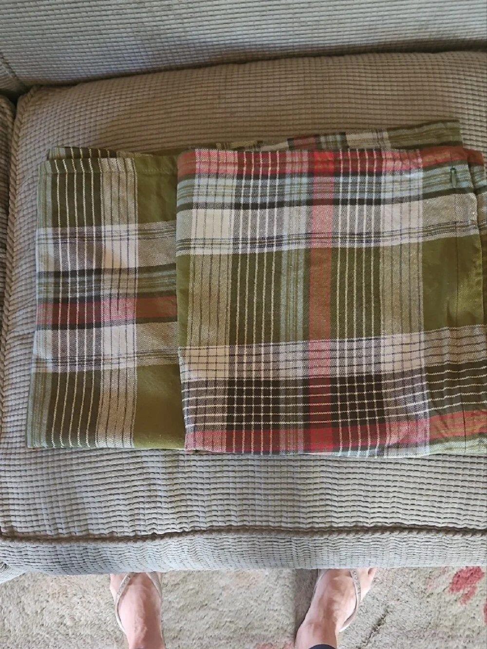 Pottery Barn Plaid Cotton Pillow Covers  in Olive and Coral.
